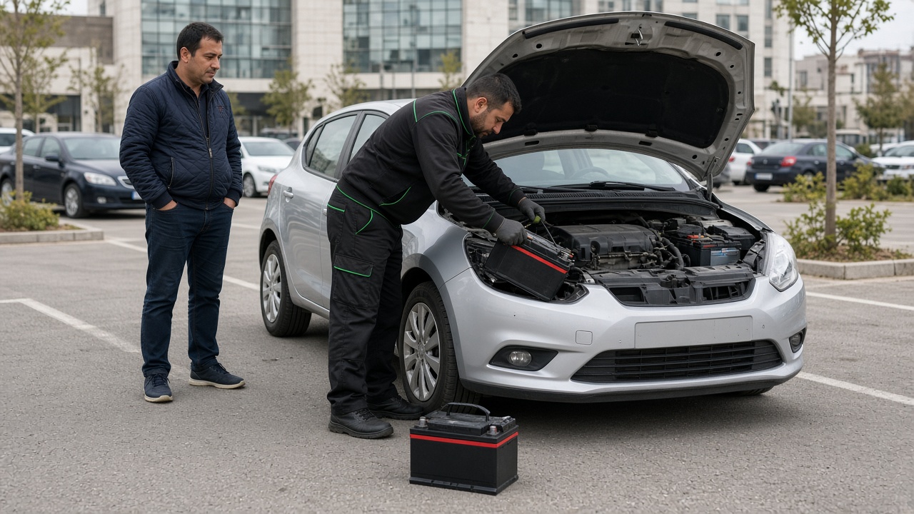 Amper Akü Servisi teknisyeni otoparkta bir otomobilin aküsünü değiştirirken